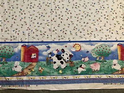 Vtg Rare White flowered fabric with Farmyard Animals border print 1 3/4 yds - Image 1 of 2