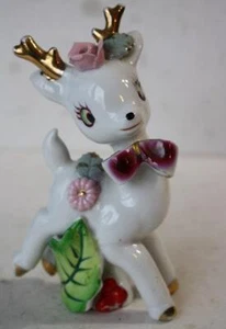 Renna Statuina Natale Oro Fiocco 3D Fiori Foglia Ceramica Dipinta a Mano MIJ - Foto 1 di 1