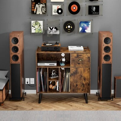 Mueble tocadiscos con soporte para tocadiscos con toma de corriente y cajón de almacenamiento Foto 1 de 4