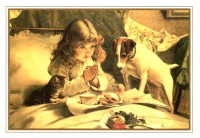 Antique Image GIRL PRAYING DOG & CAT Get Well Greeting Card w/ Envelope MG25 - Image 1 of 3