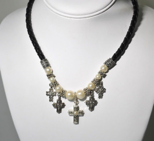 Christian BLACK LEATHER f pearl BRAIDED CROSS DANGLE charm necklace ZC17