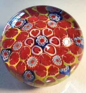 Millefiori Art Glass Paperweight Love Red Hearts Blue Flowers Yellow Base 3" - Picture 1 of 9