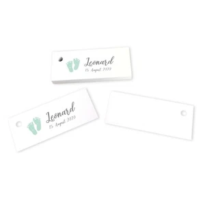 28 Kärtchen Babyfüße Mint personalisiert Vorname & Datum Taufe Baby Junge - Bild 1 von 1