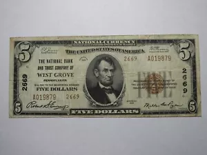$5 1929 West Grove Pennsylvania PA National Currency Bank Note Bill Ch. #2669 VF - Picture 1 of 3