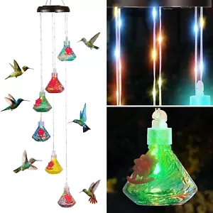 Solar Wind Chime Hummingbird Feeders for Outdoors, Lighted LED Wires, 6 Hand Blo - Picture 1 of 6