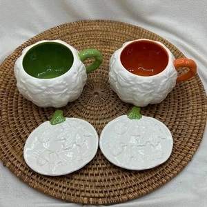 Temptations Set of 2 Pumpkin Seasonal Flip Sip Mugs and Lid/Plate Ceramic - Picture 1 of 10