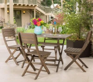 5 Piece Patio Dining Set Outdoor Acacia Wood Furniture Folding Table and Chairs - Picture 1 of 11