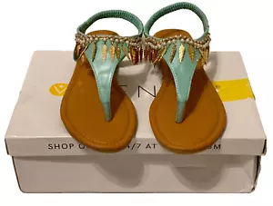 NIB Venus Women's Teal Beads/Gold Feathers T-Straps Elastic Ankle Strap Size 10 - Picture 1 of 7
