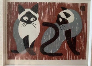 KIYOSHI SAITO "Two Cats" Woodblock Print Stamp Sign Framed 1950s - Picture 1 of 4