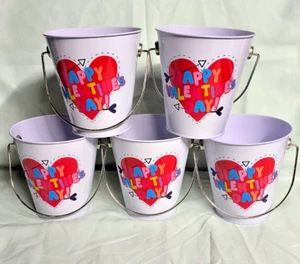 5 Pack Metal Bucket With Handle New "Happy Valentine's Day" 4 Inches Wide & Deep - Picture 1 of 1