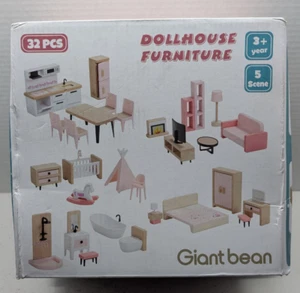 Giant bean 32pcs Wooden Dollhouse Furniture Set 5 Rooms Wood & Plastic Pink D... - Picture 1 of 5