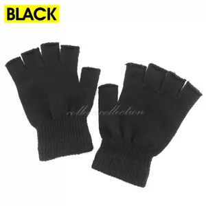 Black Fingerless Gloves Knitted Winter Warm Half Open Finger Soft Mittens Unisex - Picture 1 of 10