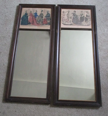 Set 2 Antique Rectangle Wood Frame Mirrors 14"x35" 1870s Women Victorian Dresses Cover