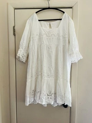 Prairie Cottagecore Eyelet Embroidered Balloon Sleeve Boho Summer Midi Dress L - Image 1 of 4