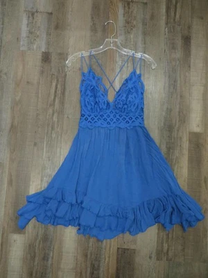 Free People FP One Dress Womens Large Blue Boho Crochet Lace Ruffle Hem Strappy - Image 1 of 4