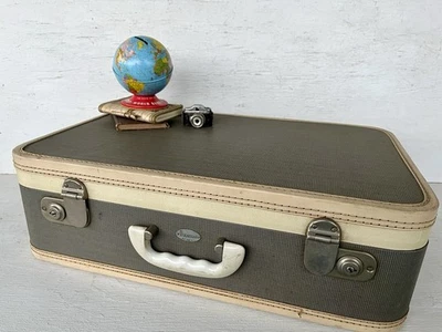 Vintage MAXIMILLIAN Gray Tweed Suitcase Silver Locks Purple Ruffled Interior 21” - Image 1 of 4