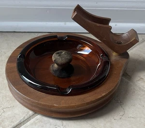 Vintage 1970's Walnut Wood Amber Glass Tapper Ashtray - Picture 1 of 7