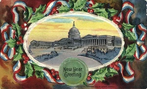 Neujahrsgruß US Kapitol rot weiß blaues Band Arthur Horwitz 1910 Postkarte - Bild 1 von 2