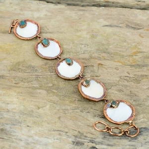 Round Mother Of Pearl Stone Aquamarine Rough Electroformed Chain Bracelet Copper - Picture 1 of 6