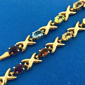Fabulous Designer 10K Yellow Gold Colorful Multi Gemstone X & O Tennis Bracelet - Picture 1 of 8
