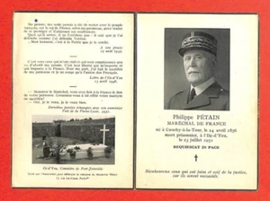 ILE D' YEU ( 85 ) FAIRE-PART DÉCES / MARÉCHAL PHILIPPE PÉTAIN 1951 - Foto 1 di 2