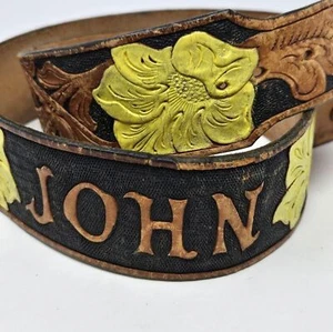 VINTAGE TOOLED BROWN LEATHER BELT NAME JOHN YELLOW FLOWER 1970S NO BUCKLE MEN OS - Picture 1 of 14
