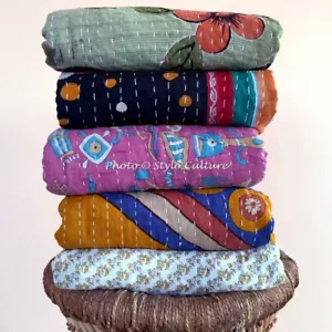 5 Pcs Lot Reversible Rally Vintage Kantha Quilt Multicolor Twin Bed Runner - Picture 1 of 4
