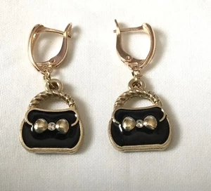Gold Plated, Black Enamel, Miniature Handbag Earrings. Leverback. uk - Picture 1 of 6