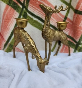 Vtg Solid Brass Set of 2 DEER Doe Stag Candle Stick Holders Christmas Holiday - Picture 1 of 4