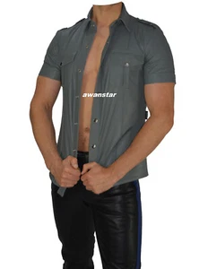 GR.2XL lederhemd Slim Fit Gay hochwertiges Graues leder hemd,Police shirt - Picture 1 of 12