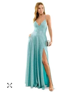B Darlin Women's Juniors' High-Slit Glitter Prom Dress Sea Color Size 7/8 - Picture 1 of 5