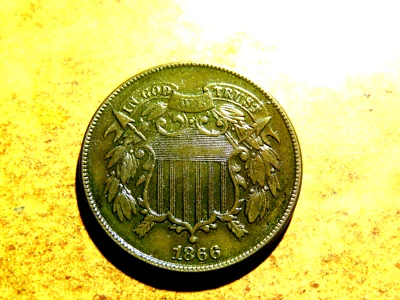 U.S. Civil War Era 1866 XF/AU Bold "WE" Two Cent Coin #1 M17 - Image 1 of 2