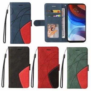 Funda protectora abatible bicolor práctica billetera de cuero con correa de muñeca para teléfono Motorola Moto - Imagen 1 de 30