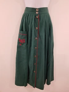 Vintage Skirt Green Long Pockets Red Linen  Embroidery Button Front Size 10 Folk - Picture 1 of 15