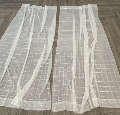 Set of 2 White Sheer Curtain Panels 60" x 60" by Violet Linen Style Royal Plaid - Image 1 of 4