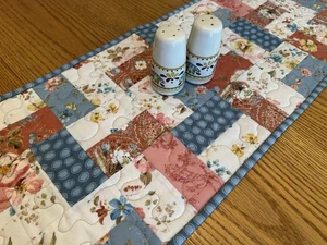 Rustic Quilted Table Runner: Country Blue, Cream & Red Farmhouse Decor Kitchen - Picture 1 of 10