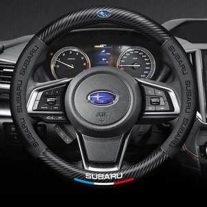 15" Black Leather Carbon Fiber Car Steering Wheel Cover Accessories For Subaru - Picture 1 of 6