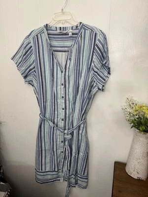 Vestido ISAAC MIZRAHI Live 24W Azul Rayas Mezcla Lino Nuevo con Etiquetas Foto 1 de 4