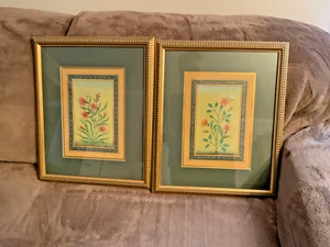 2 wall décor Framed Art drawings watercolor Flower Butterfly India 16"x13" - Picture 1 of 12