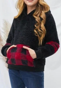 New Black Red Buffalo Plaid Hoodie Hooded Hood Fleece Girls size 8/9 - Picture 1 of 3