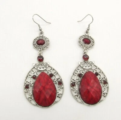 Pendientes colgantes remolino lucita facetados cristal rojo filigrana plata-T envejecida de 3,5" Foto 1 de 3