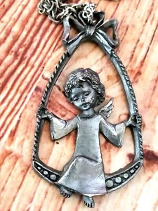 Zinn handgefertigter Engel auf Schaukel Ornament an Kette von Peltro Made in Italy - Bild 1 von 4