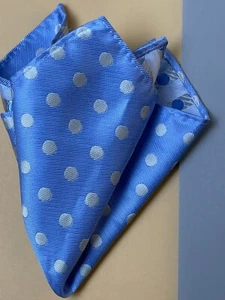 100% silk 9.5 “ LT BLUE and SILVERPolka Dots pocket square Luxury Refine Quality - Picture 1 of 3