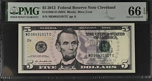 2013 $5 Federal Reserve Note Fr-1996-D Cleveland PMG66 Gem EPQ - Picture 1 of 2