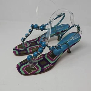 PRADA Sandals T-Strap KITTEN HEEL MULES Pattern Jewel Accents Size 37 - Picture 1 of 6