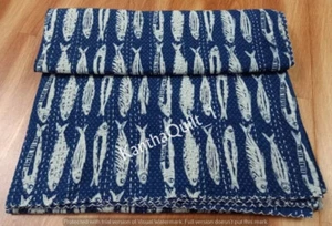INDIGO BLUE FISH PRINT KANTHA QUILT INDIAN BEDSPREAD BLANKET REVERSIBLE THROW - Picture 1 of 4