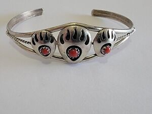 Claw Cuff Bracelet Child Size Vintage Sterling Silver Coral Shadowbox Bear