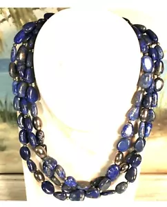 LAPIS LAZULI MULTI STRAND STERLING SILVER 925 NECKLACE 17-19" Blue Signed SX - Picture 1 of 9