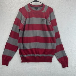 GUESS Men's Red Gray Striped Casual Crew Neck Knit Embroidered Logo Sweater Sz L - Picture 1 of 8