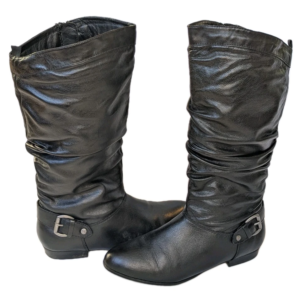 Vintage Y2K ALDO black leather 80s-style slouch buckle BOOTS womens 9 fits 8.5 - Image 1 of 4